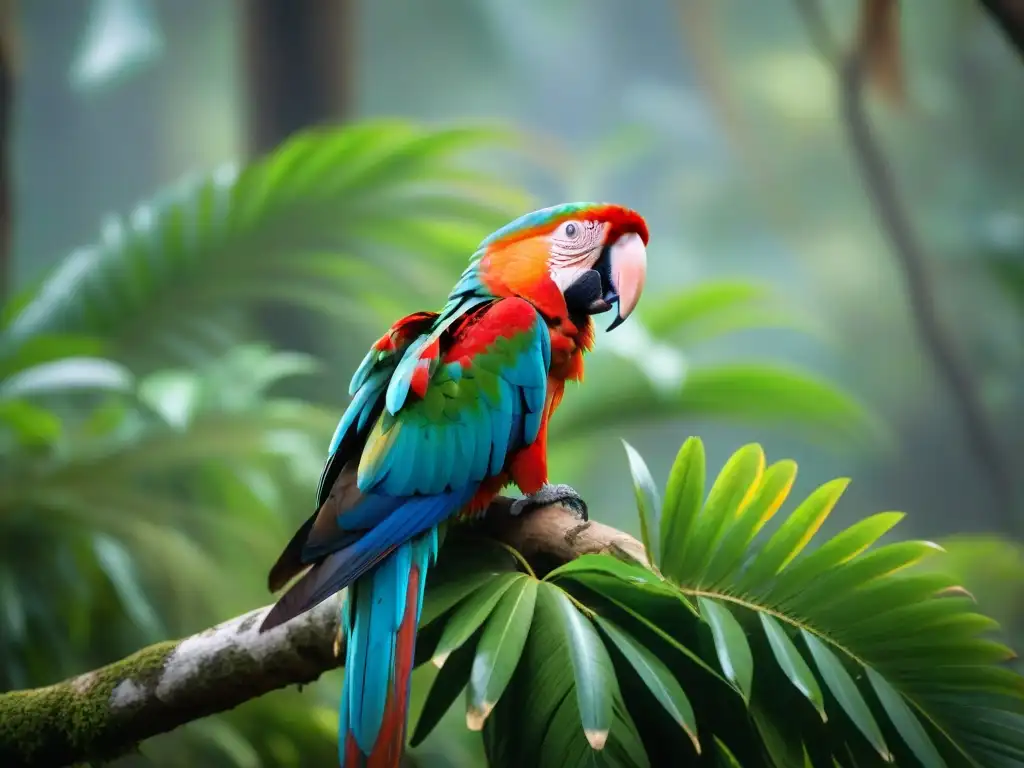 Imponente guacamayo rojo y verde en rama de árbol en selva uruguaya, detallando plumaje y ojos