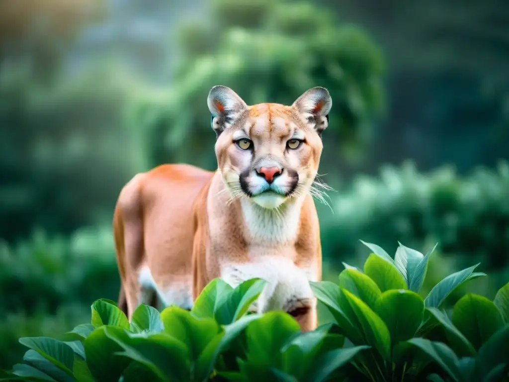 Imponente Puma en su hábitat natural en Áreas Protegidas Fauna Uruguay, resaltando su mirada intensa y músculos poderosos bajo la luz del sol