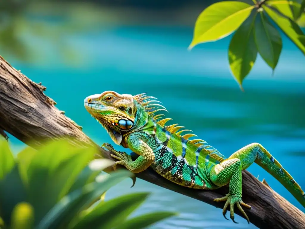 Imponente iguana verde en rama sobre río, reflejada en agua