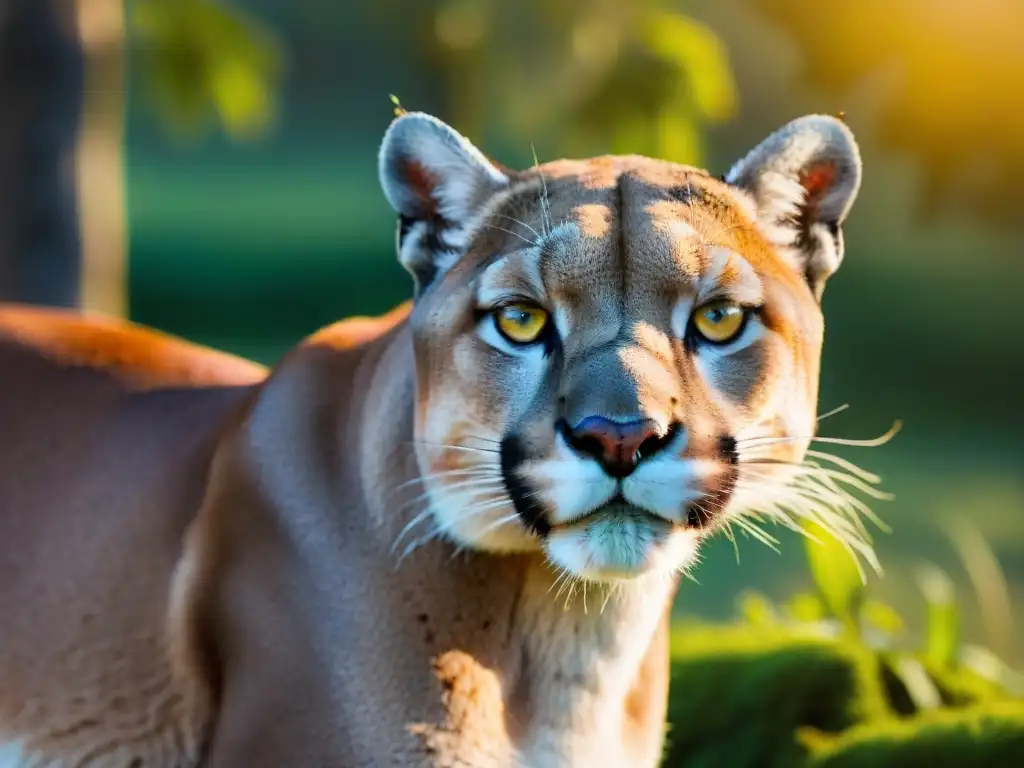 Imponente puma en la naturaleza, con mirada intensa y pelaje brillante, bajo la luz dorada entre árboles