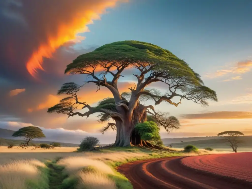 Esplendor del Ombú: Árbol solitario en la campiña uruguaya al atardecer El imponente Ombú solitario en la Ruta del Ombú Solitario en Uruguay, con aves nativas y atardecer vibrante
