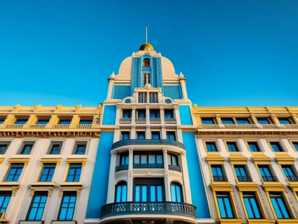 Imponente Palacio Salvo en Montevideo con arquitectura Art Deco detallada, destacando su grandiosidad bajo cielo azul