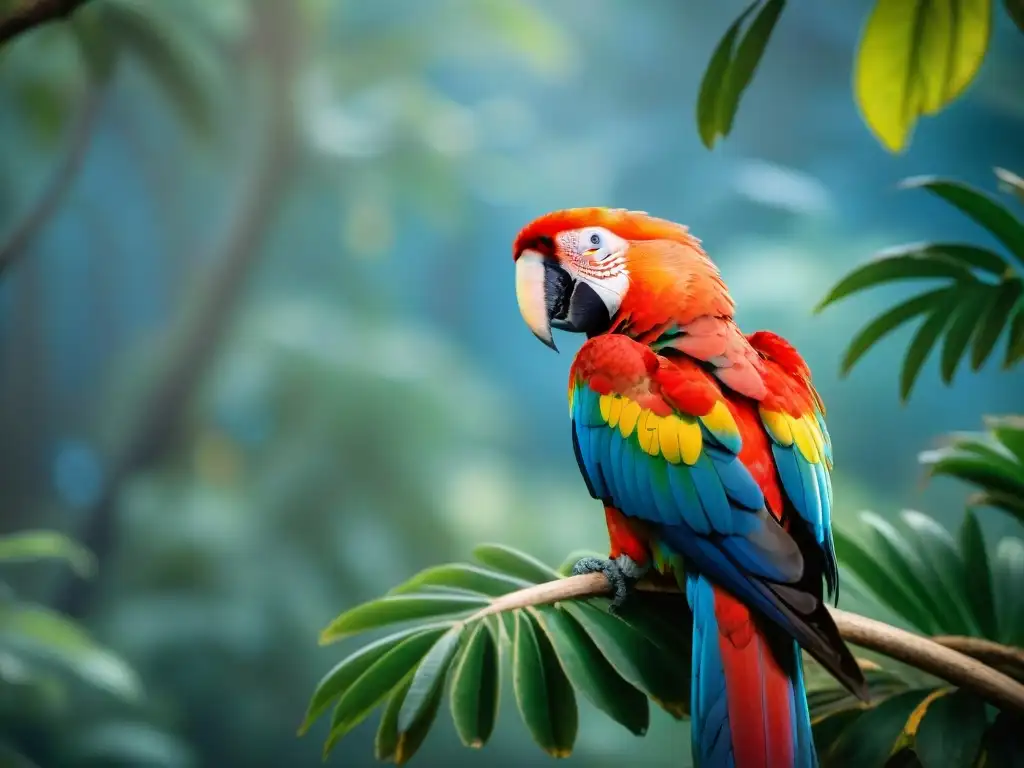 Imponente guacamayo escarlata posado en un frondoso bosque de Uruguay