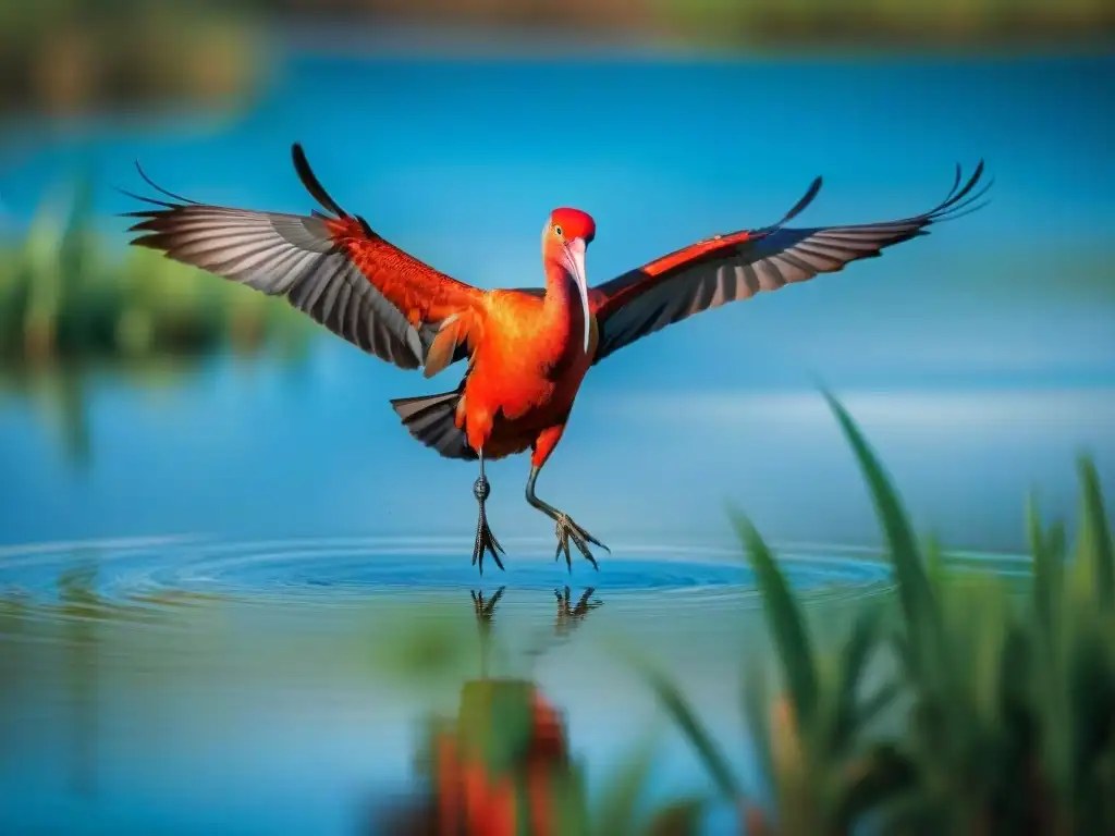 Imponente ibis rojo despegando en Esteros de Farrapos, reflejando la naturaleza en su esplendor