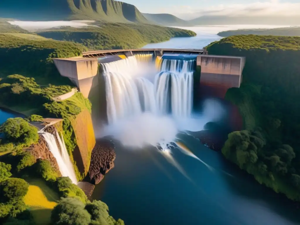 Imponente Salto Grande Dam al atardecer, con las aguas del río Uruguay iluminadas por el sol