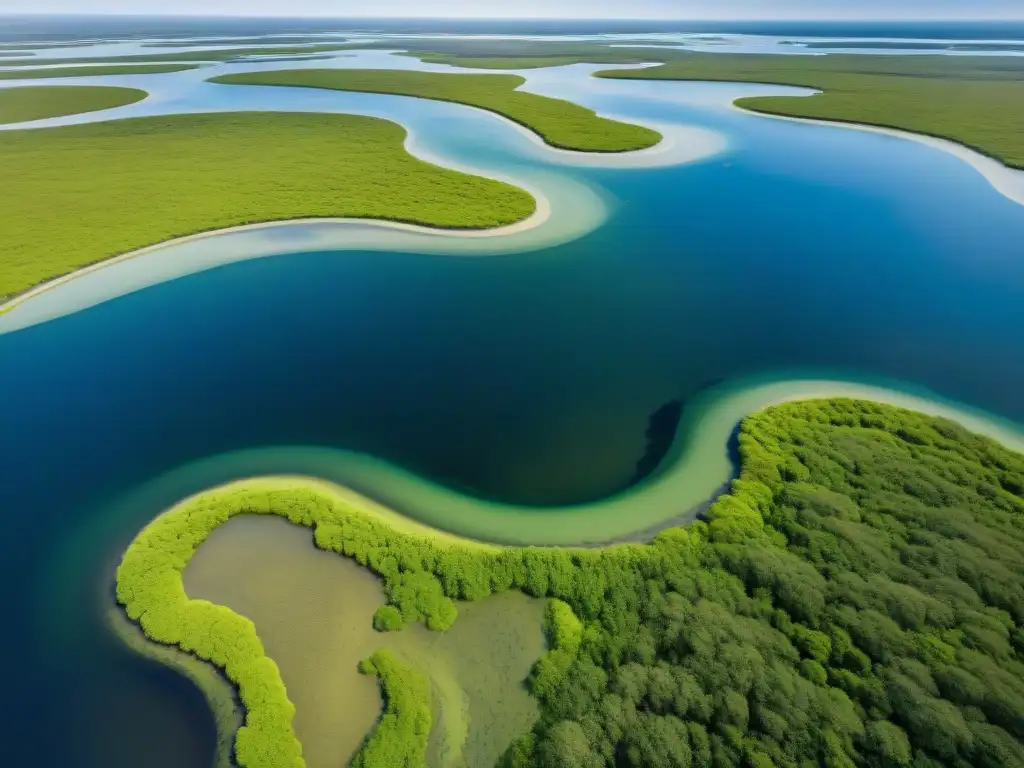 Importancia de los Esteros de Farrapos en Uruguay: Vista aérea impresionante de la red de humedales, con tonos verdes y azules