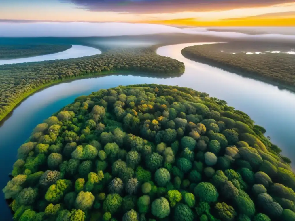 La importancia de reservas naturales en Uruguay: vista aérea impresionante de paisaje diverso al atardecer, resaltando su riqueza ecológica