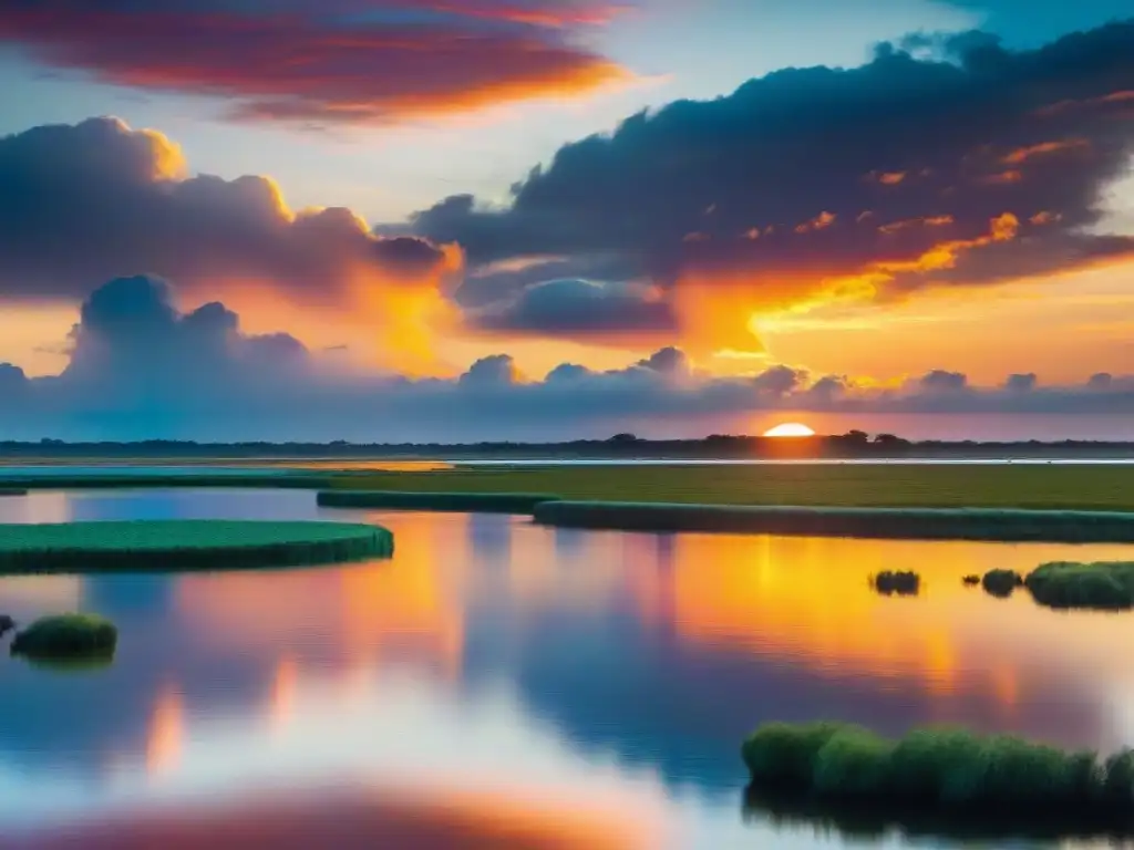 Un impresionante atardecer sobre los humedales de Uruguay, con una diversidad de aves en vuelo