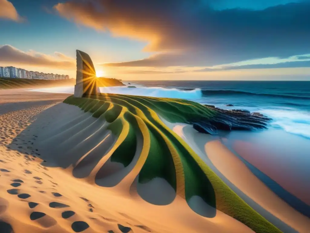 Impresionante Fotografía HDR en Uruguay: atardecer vibrante en Punta del Este con escultura de los dedos emergiendo en la playa