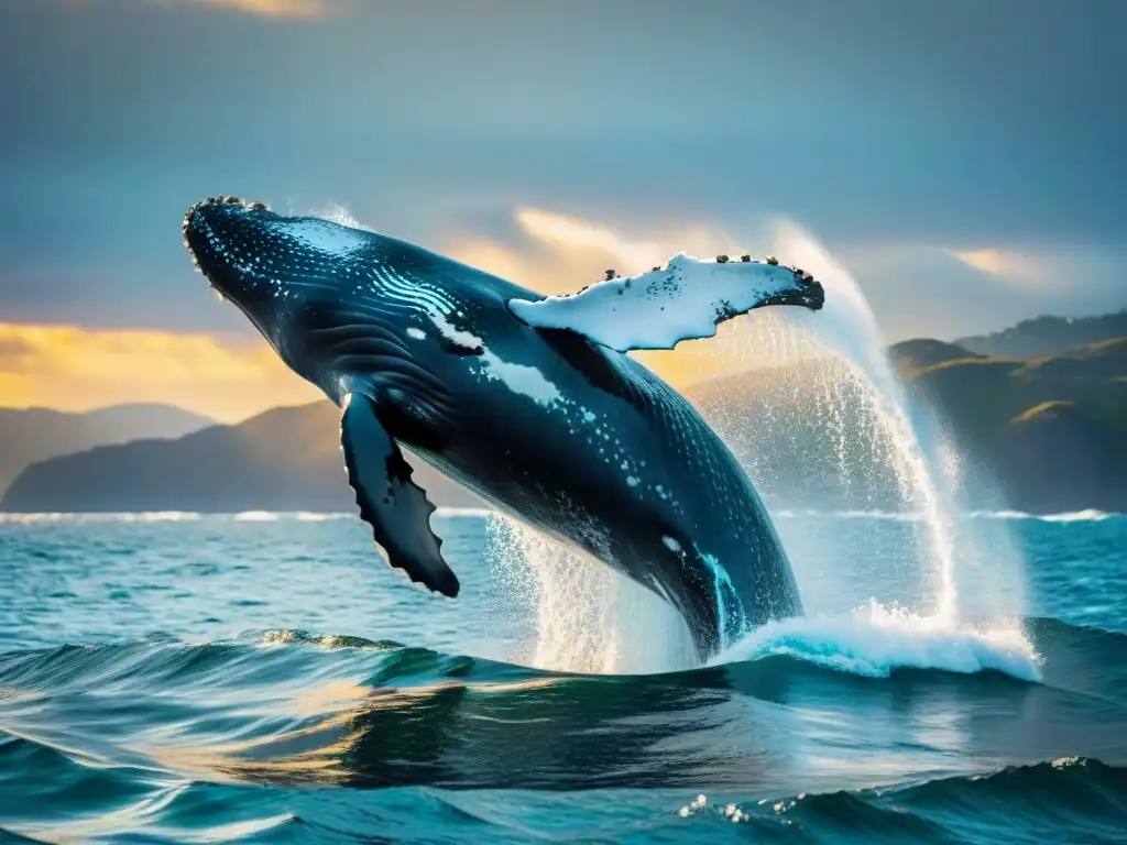 Impresionante avistamiento ballenas Uruguay temporada lugares: ballena jorobada saltando en el océano, agua brillante y sol