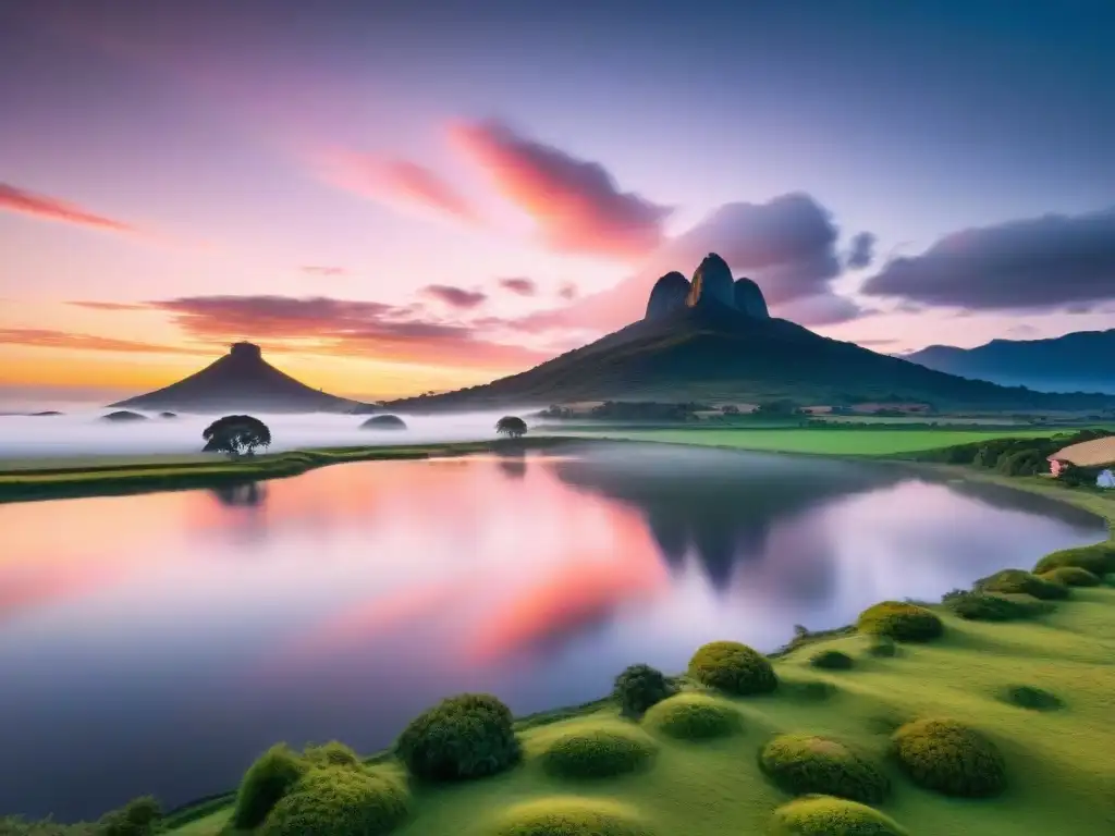 Amanecer impresionante en Uruguay, reflejando un cielo naranja y rosa sobre un lago tranquilo y campos verdes