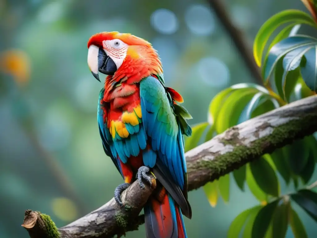 Impresionante close-up de un Guacamayo Rojo en un árbol de Uruguay