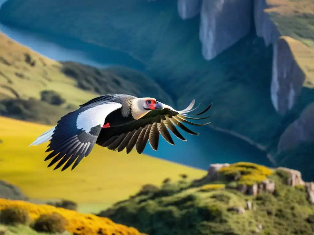 Impresionante condor andino volando sobre paisaje uruguayo