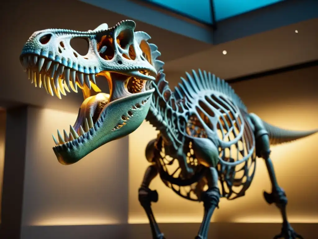 Impresionante esqueleto de Giganotosaurus en museo iluminado