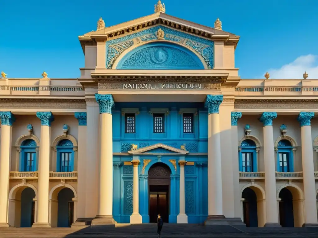 Impresionante fachada del Museo Nacional de Artes Visuales en Montevideo, destacando la arquitectura neoclásica y la entrada de visitantes