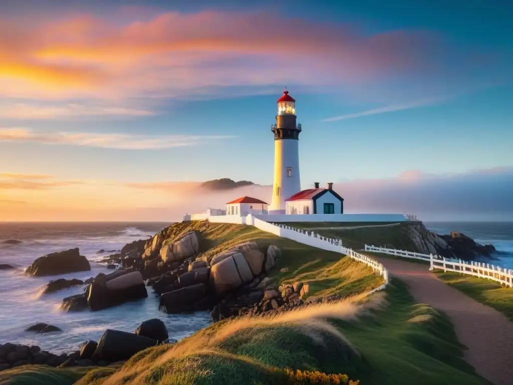 Atardecer vibrante en Cabo Polonio: faro icónico en Uruguay Impresionante faro de Cabo Polonio en Uruguay durante un vibrante atardecer