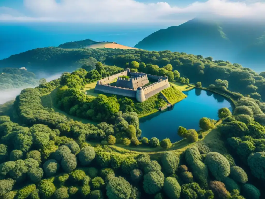 Impresionante fortaleza militar antigua rodeada de exuberante vegetación y cielo azul