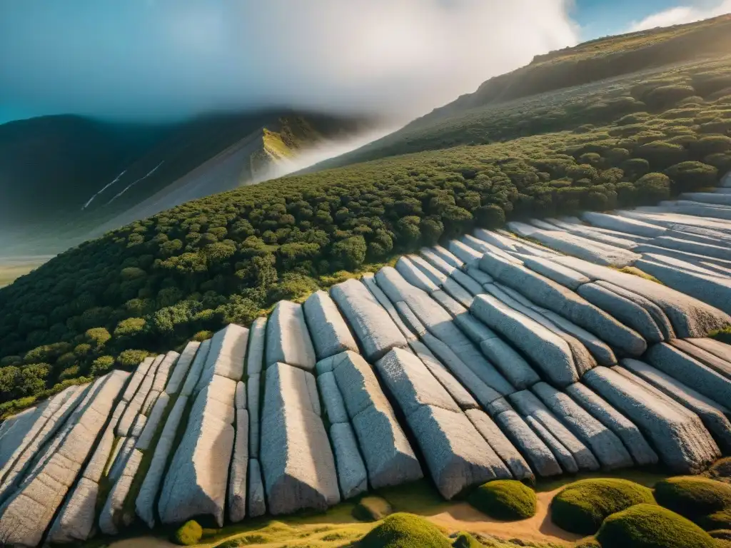 Impresionante foto de las formaciones rocosas en Uruguay, capturando su belleza rugosa y tonos terrosos bajo un cielo dramático