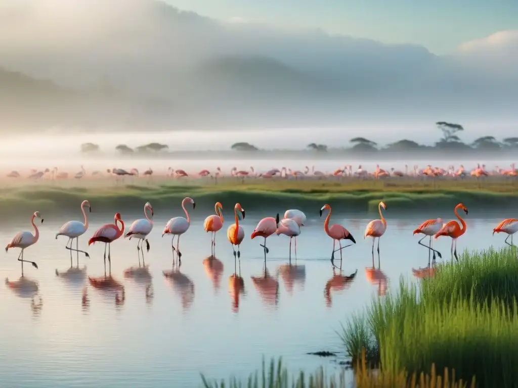 Un impresionante grupo de flamencos coloridos en Uruguay, fotografiar aves en Uruguay