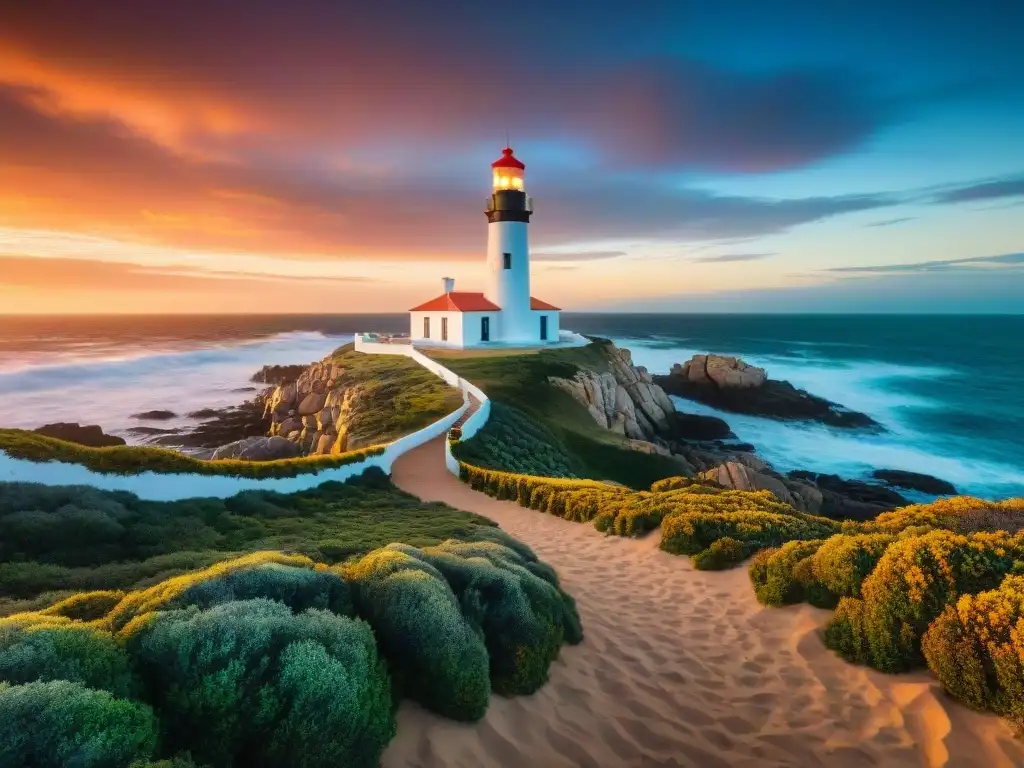 Impresionante fotografía de viaje en Uruguay: el icónico faro de Cabo Polonio destaca en un atardecer de fuego sobre el Atlántico