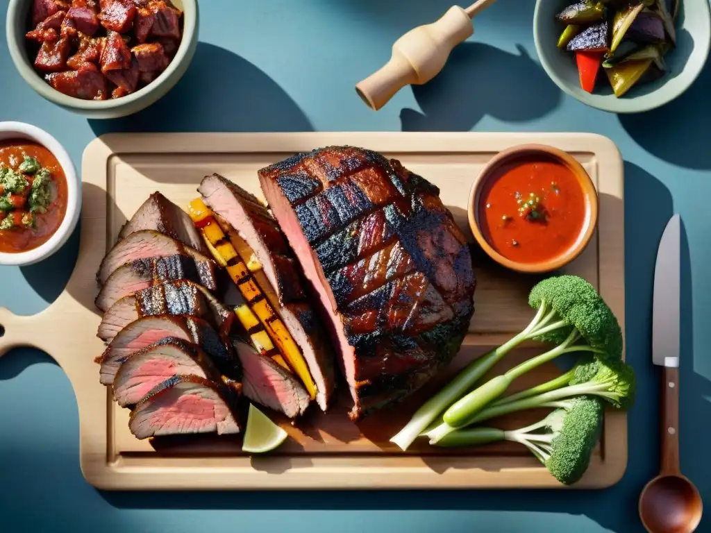 Una impresionante imagen de un asado uruguayo tradicional, con cortes de carne jugosos, chorizos, mollejas crujientes y vegetales asados, acompañados de chimichurri, pan y vino Tannat