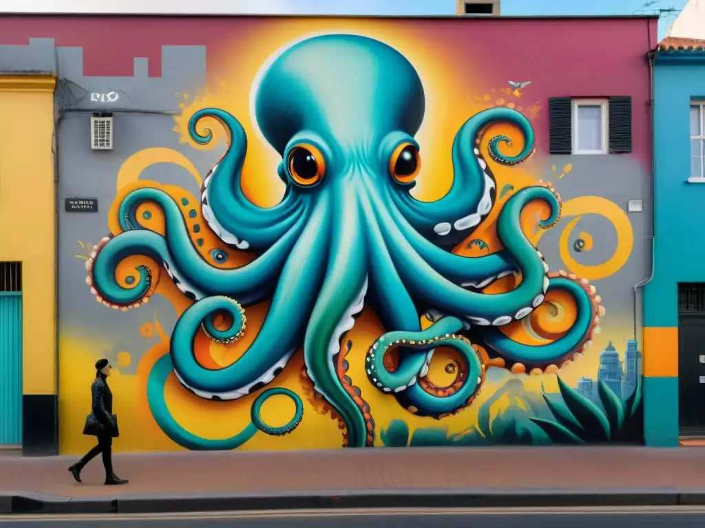 Octopus urbano: mural vibrante en Montevideo Un impresionante mural callejero en Montevideo con un pulpo gigante y vida marina colorida, destacando la creatividad urbana