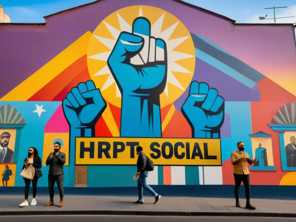 Impresionante mural político en Montevideo, Uruguay, muestra símbolos y activismo social, uniendo a la sociedad