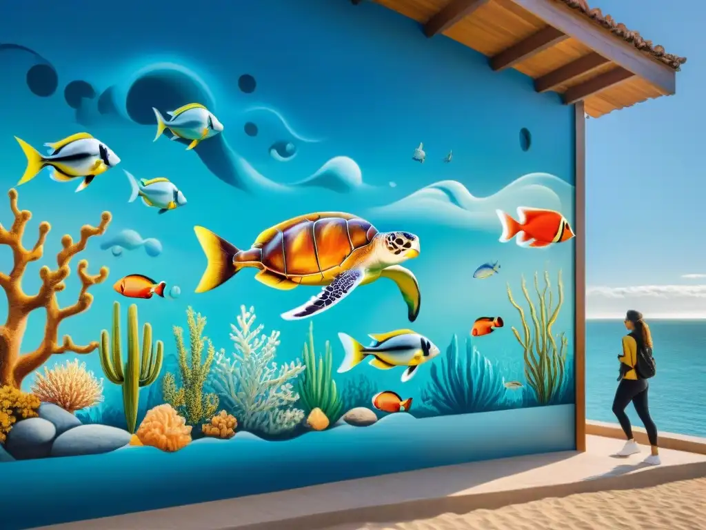 Impresionante mural en Punta del Este con vida marina y coloridos peces, tortugas marinas y arrecifes de coral