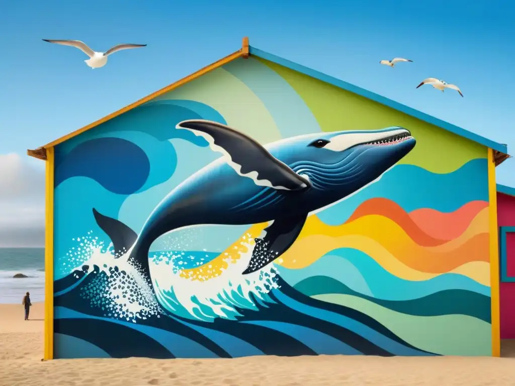 Un impresionante mural urbano de una ballena jorobada saltando del agua rodeada de olas coloridas y gaviotas