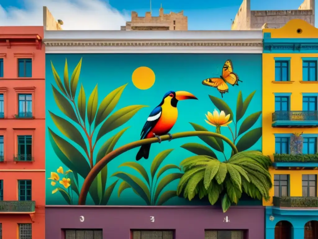 Un impresionante mural urbano en Montevideo, Uruguay, muestra la exuberante flora y fauna nativa en vivo colorido