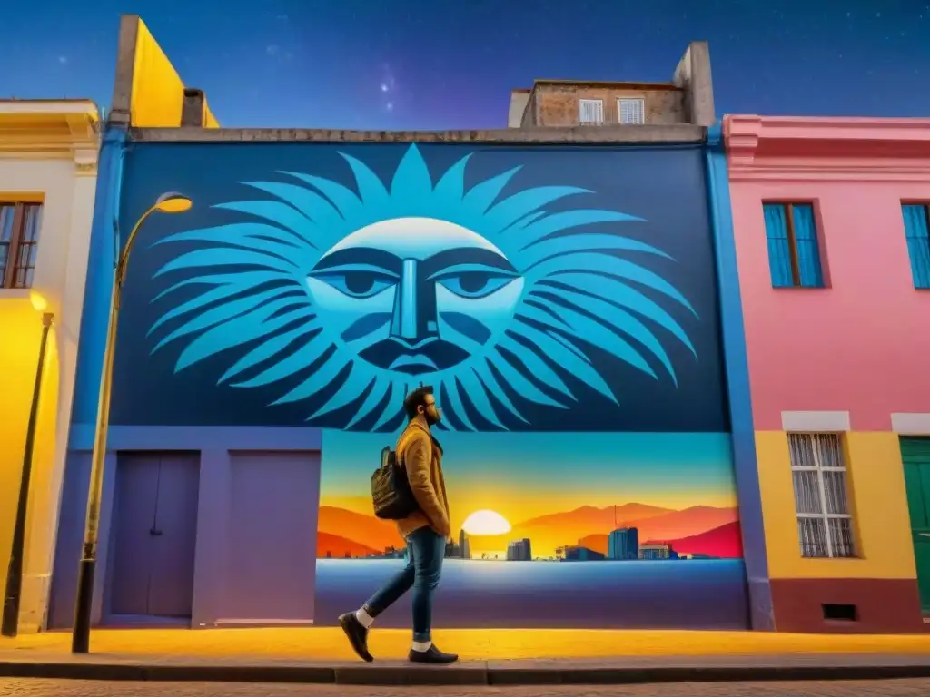 Impresionante mural urbano de Montevideo, Uruguay, iluminado por la noche