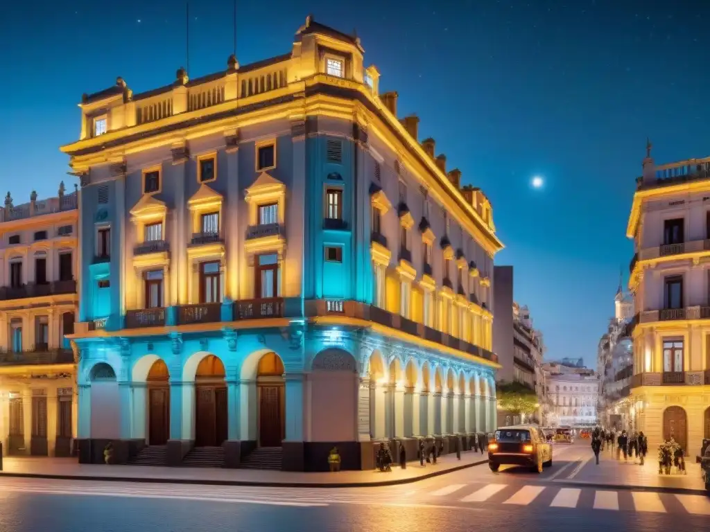 Impresionante fotografía nocturna del Palacio Salvo en Montevideo, Uruguay, iluminado contra un cielo estrellado y la vida nocturna bulliciosa