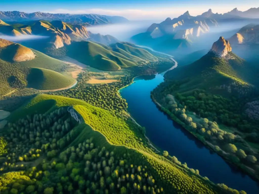 Un impresionante paisaje de las Sierras de Rocha con valles verdes, ríos sinuosos y formaciones rocosas bajo un cielo azul