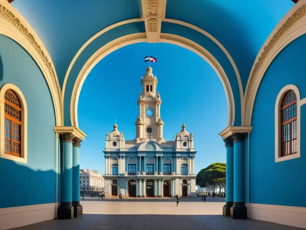 Impresionante Palacio Salvo en Montevideo, detallado y majestuoso bajo cielo azul