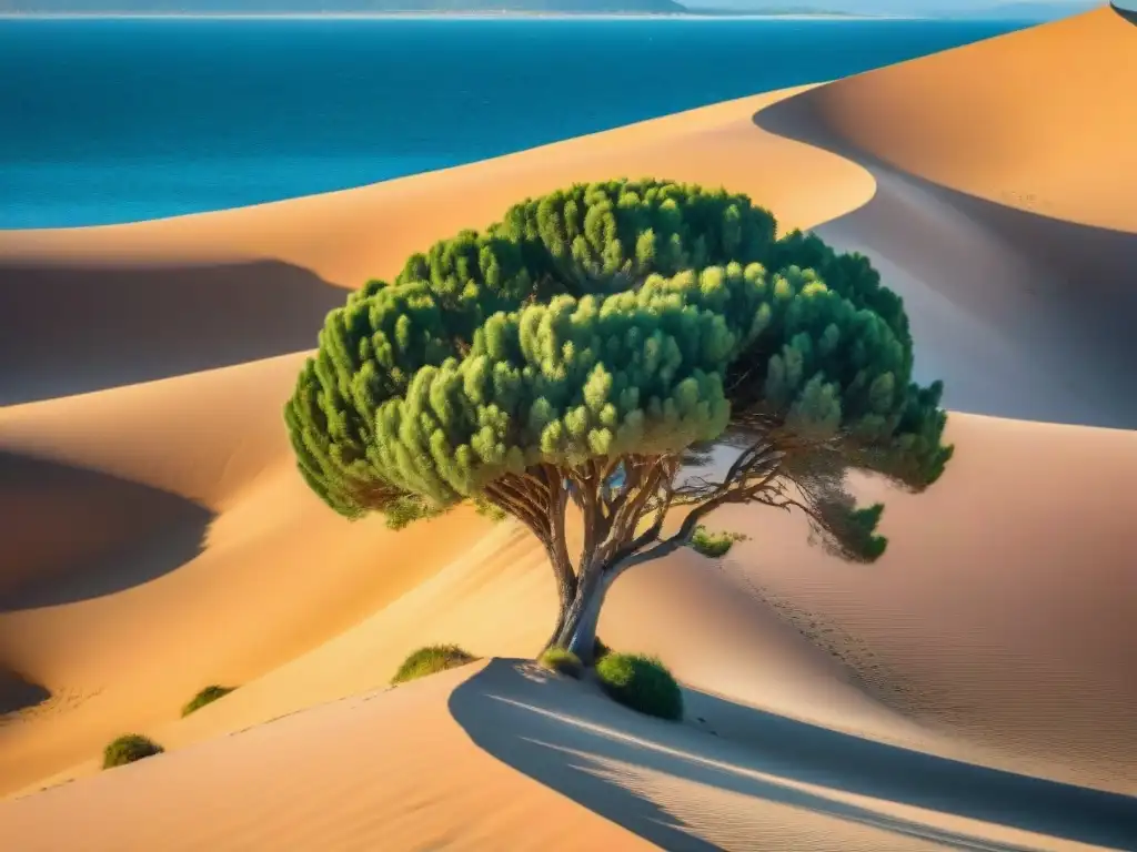 Un impresionante primer plano de un vibrante árbol Tamarisco rosa en las dunas doradas de Polonio, mostrando la flora única de las dunas en Uruguay