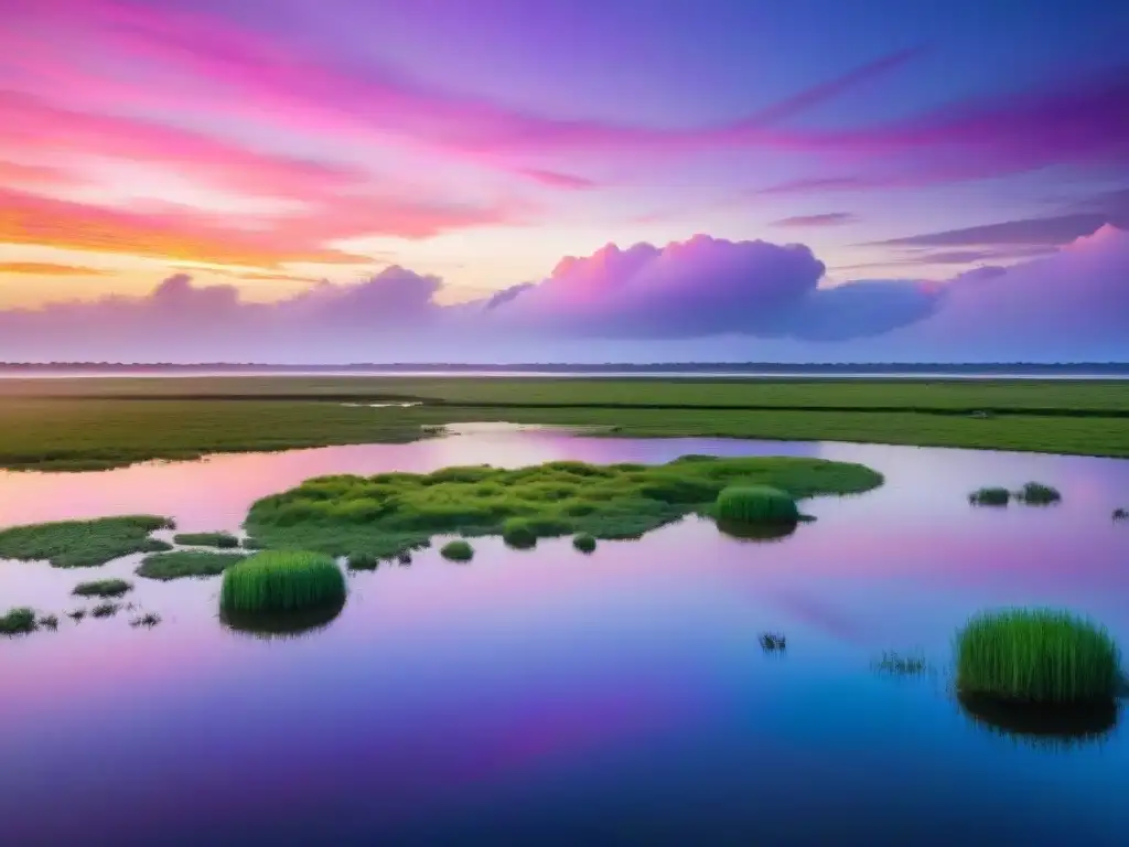 Una impresionante puesta de sol sobre los Esteros del Iberá en Uruguay, con una variedad de vida silvestre en su hábitat natural