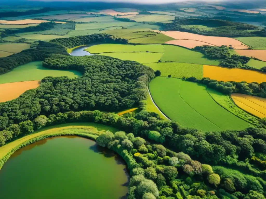 Impresionante vista aérea de los exuberantes paisajes de Uruguay, con colinas, ríos y pueblos rurales