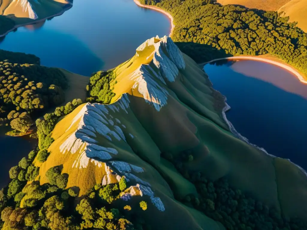 Impresionante vista aérea de las formaciones rocosas de Uruguay fotografiar, bañadas por la cálida luz dorada del atardecer