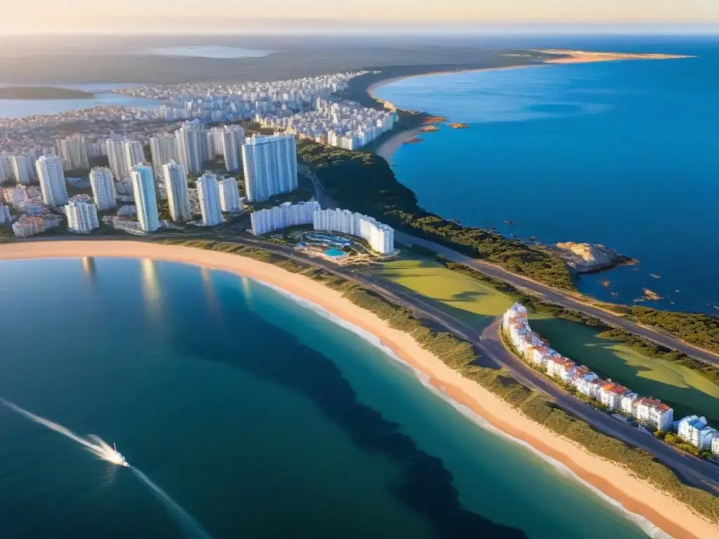 Impresionante vista aérea de Punta del Este con sus icónicos edificios que definen su paisaje arquitectónico