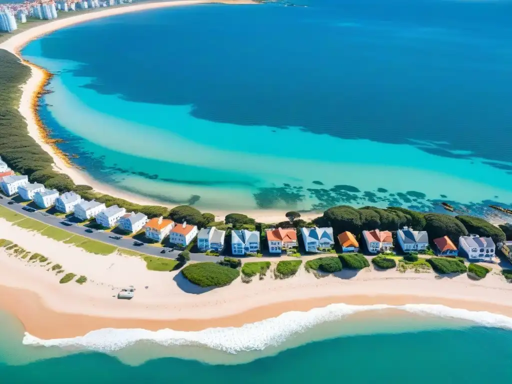 Impresionantes vistas aéreas de Punta del Este, Uruguay, con playas de arena y aguas turquesas, mostrando un helicóptero y edificios lujosos en la costa