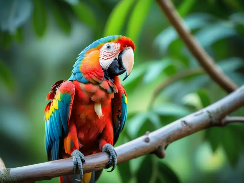 Increíble observación de aves en Uruguay para principiantes: un guacamayo escarlata en un árbol con plumaje iridiscente bajo el sol