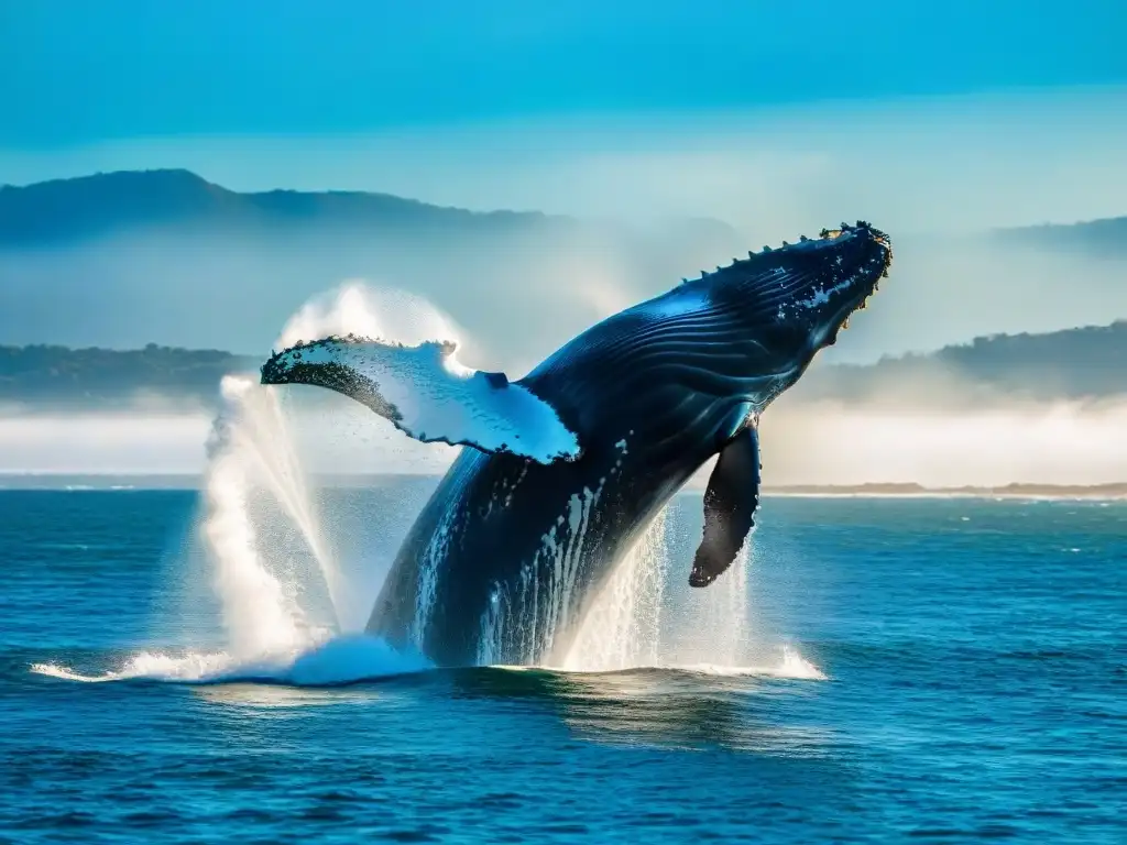 Increíble avistamiento de ballenas en Uruguay: una majestuosa ballena jorobada saltando fuera del agua bajo el cielo azul