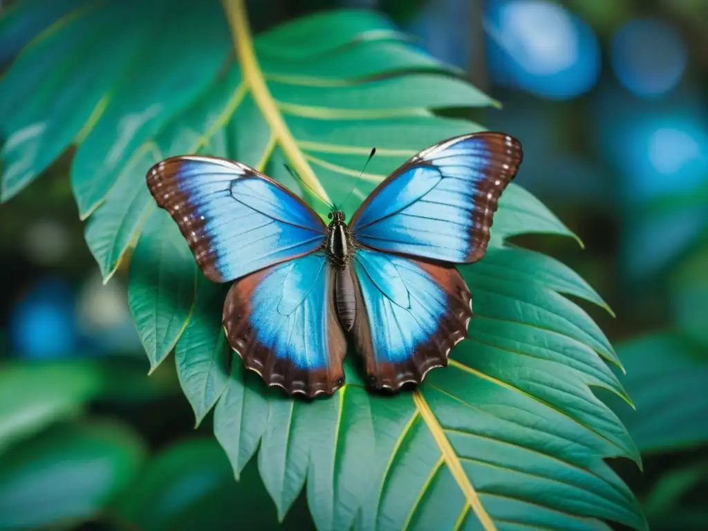 Un increíble mariposa Morpho azul descansa en una hoja verde en el exuberante bosque tropical de Uruguay