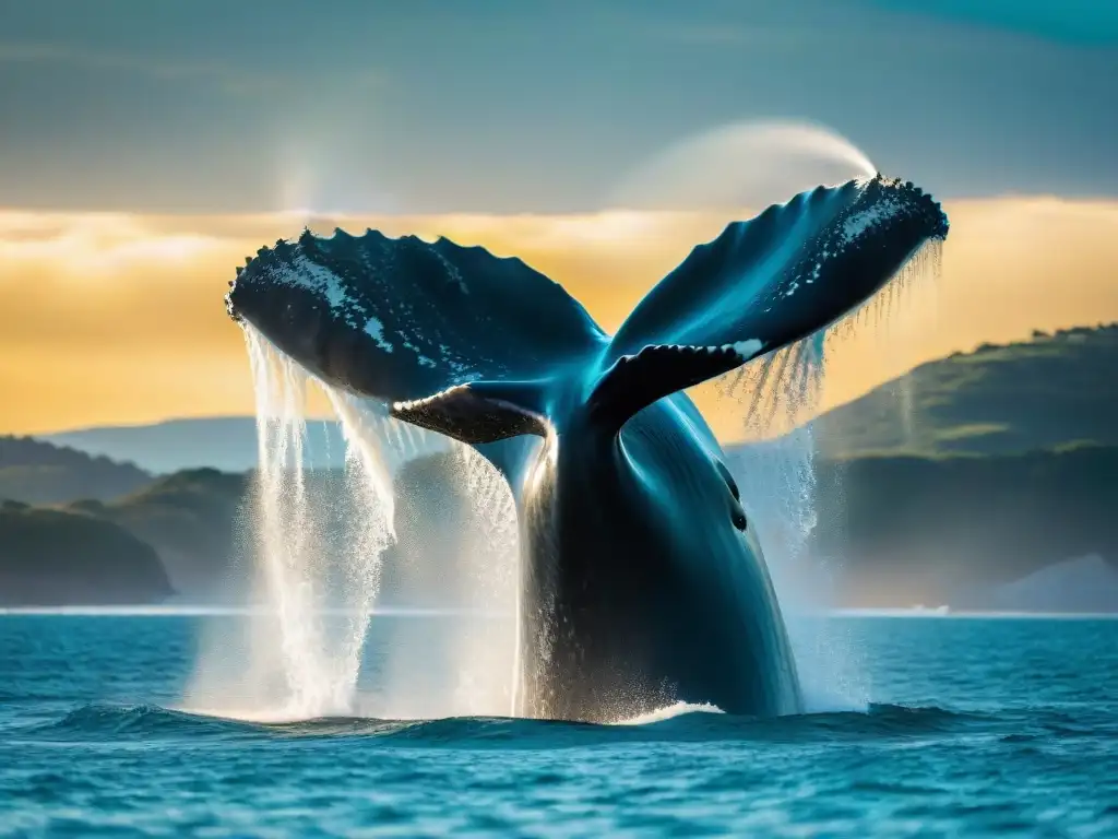 Increíble ballena franca austral saltando en aguas turquesas de Uruguay