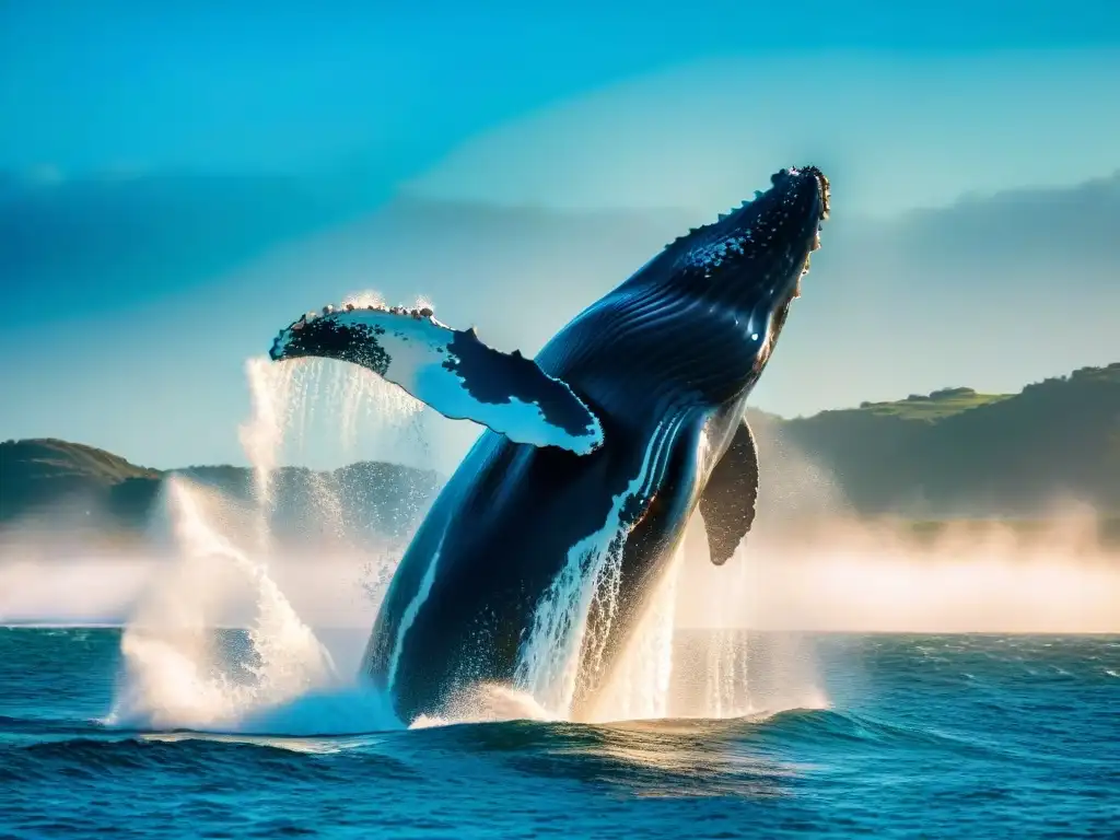 Increíble imagen documental de una majestuosa ballena jorobada saltando graciosamente en aguas uruguayas