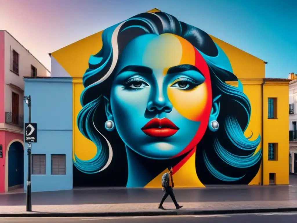 Increíble mural de arte callejero en Montevideo, Uruguay, reflejando la técnica y paleta de colores del artista callejero