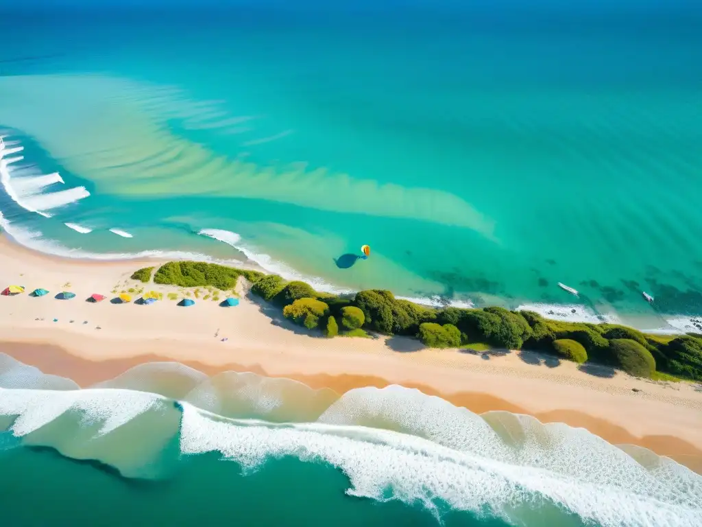 Increíble vista aérea de una playa en Uruguay, kitesurfistas disfrutan del spot