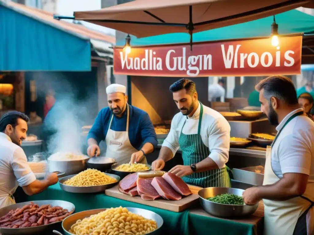 Influencia italiana en la gastronomía uruguaya: un mercado al aire libre bullicioso en Montevideo, con delicias culinarias de ambos países