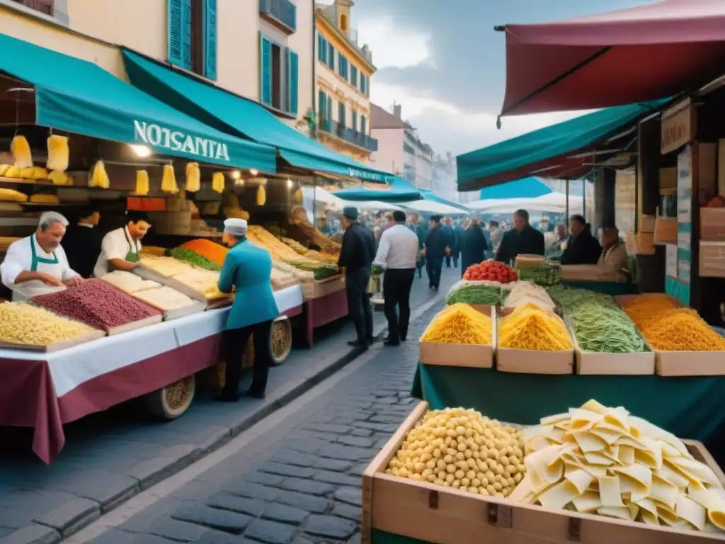 Influencia italiana en la gastronomía uruguaya: Mercado vibrante en Montevideo con pasta fresca, productos coloridos y quesos artesanales