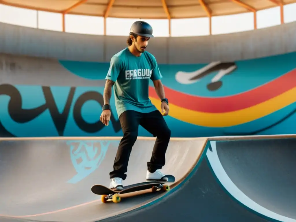 Influyentes skaters y riders de Uruguay demostrando su pasión y camaradería en un skatepark, rodeados de arte callejero vibrante